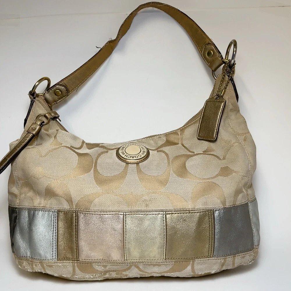 Coach Womens Canvas Stripe Patch Hobo Tan Shoulder Bag